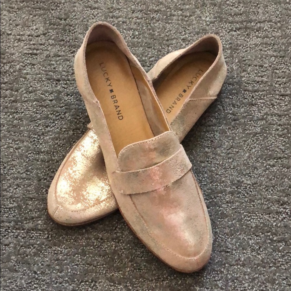Lucky Brand Gold Metallic Suede Loafers Brand New